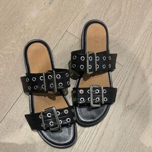 Giasone Black Double-Buckle Eyelet Slide Sandals